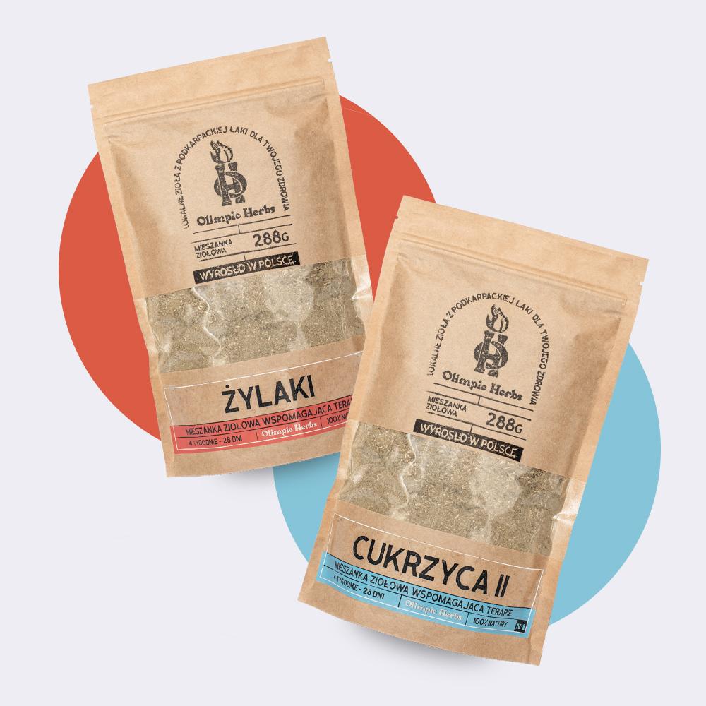 mieszanki ziołowe na tle dwóch różnokolorowych kół