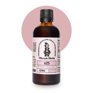Zdjęcie na białym tle produktu przedstawiające brązową bluetkę z kroplami ziołowymi (Intrakt ziołowy) z różowymi elementami oznaczającymi serię ziół na AZS Olimpic Herbs