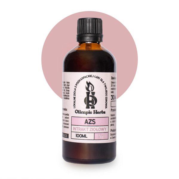 Zdjęcie na białym tle produktu przedstawiające brązową bluetkę z kroplami ziołowymi (Intrakt ziołowy) z różowymi elementami oznaczającymi serię ziół na AZS Olimpic Herbs