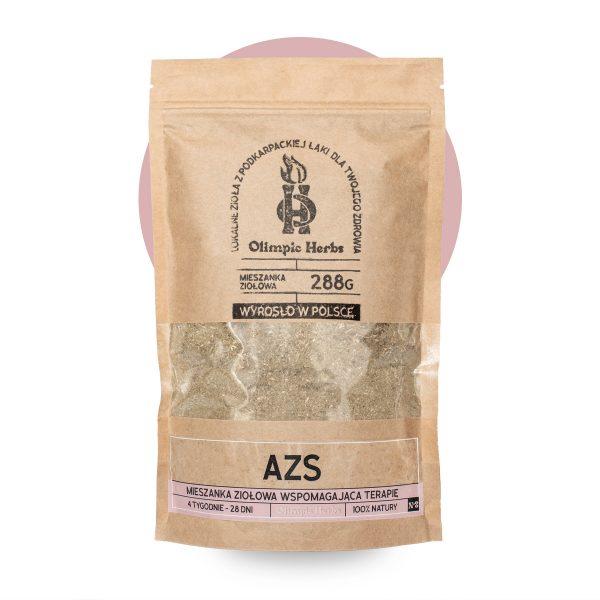 zdjęcie na białym tle produktu przedstawiające brązowe opakowanie z papieru ekologicznego z ziołami wewnątrz (Mieszanka ziołowa) na etykiecie znajdują się różowe elementy oznaczające serię ziół na AZS( atopowe zapalenie skóry ) Olimpic Herbs