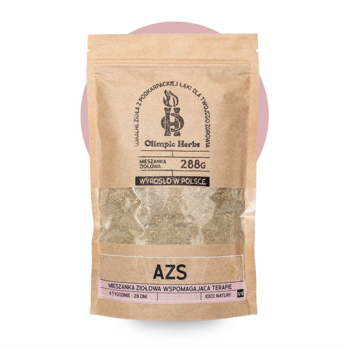 Olimpic-Herbs mieszanka ziołowa azs z kolorem zdjęcie na białym tle produktu przedstawiające brązowe opakowanie z papieru ekologicznego z ziołami wewnątrz (Mieszanka ziołowa) na etykiecie znajdują się różowe elementy oznaczające serię ziół na AZS( atopowe zapalenie skóry ) Olimpic Herbs