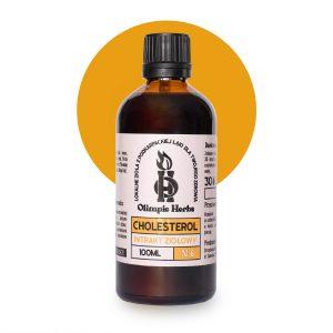 zdjęcie na białym tle produktu przedstawiające brązową butelkę z kroplami ziołowymi (Intrakt ziołowy)na etykiecie znajdują się pomarańczowe elementy oznaczające serię ziół na CHOLESTEROL Olimpic Herbs