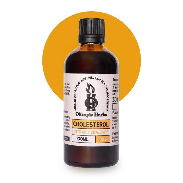 zdjęcie na białym tle produktu przedstawiające brązową butelkę z kroplami ziołowymi (Intrakt ziołowy)na etykiecie znajdują się pomarańczowe elementy oznaczające serię ziół na CHOLESTEROL Olimpic Herbs
