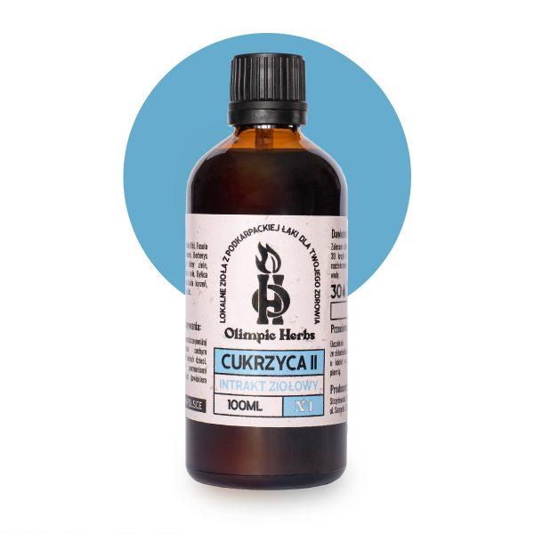 zdjęcie na białym tle produktu przedstawiające brązową butelkę z kroplami ziołowymi (Intrakt ziołowy) na etykiecie znajdują się niebieskie elementy oznaczające serię ziół na CUKRZYCĘ Olimpic Herbs