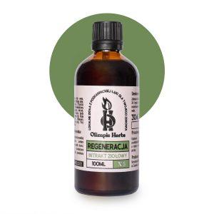 zdjęcie na białym tle produktu przedstawiające zieloną butelkę z kroplami ziołowymi (Intrakt ziołowy) na etykiecie znajdują się zielone elementy oznaczające serię ziół na REGENERACJĘ Olimpic Herbs