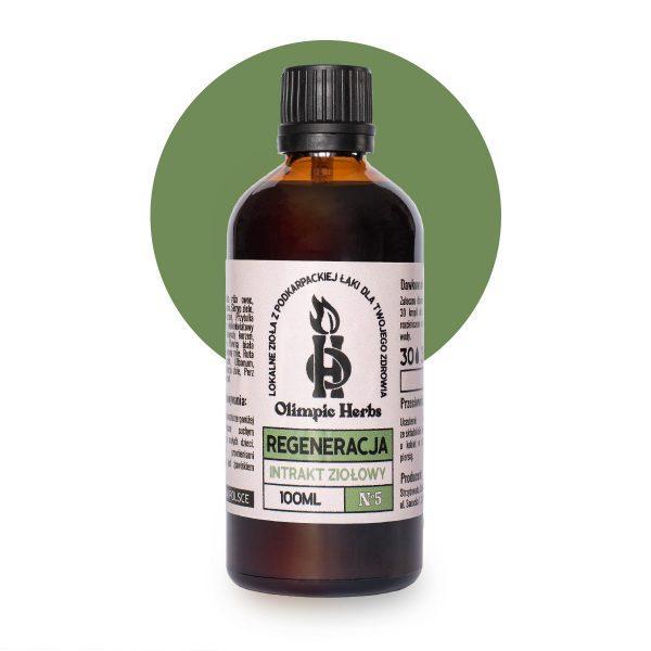 zdjęcie na białym tle produktu przedstawiające zieloną butelkę z kroplami ziołowymi (Intrakt ziołowy) na etykiecie znajdują się zielone elementy oznaczające serię ziół na REGENERACJĘ Olimpic Herbs