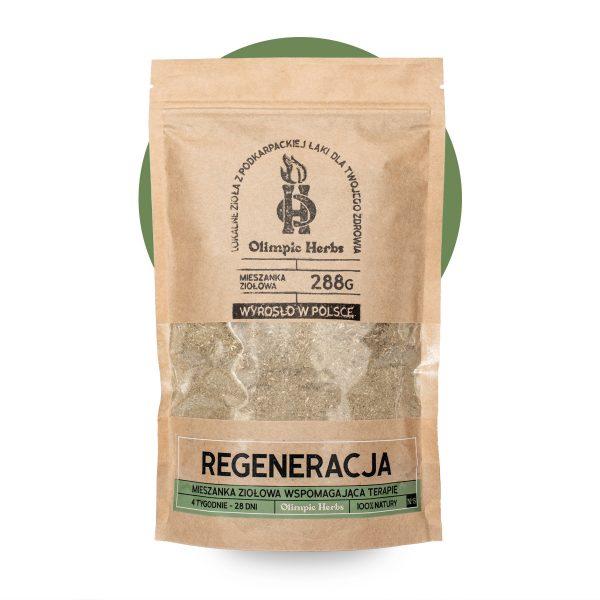 zdjęcie na białym tle produktu przedstawiające brązowe opakowanie z papieru ekologicznego z ziołami wewnątrz (Mieszanka ziołowa) na etykiecie zioła na stawy znajdują się zielone elementy oznaczające serię ziół na REGENERACJĘ Olimpic Herbs