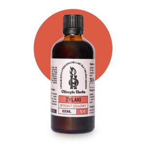 zdjęcie na białym tle produktu przedstawiające brązową butelkę z kroplami ziołowymi (Intrakt ziołowy) na etykiecie znajdują się czerwone elementy oznaczające serię ziół na ŻYLAKI Olimpic Herbs
