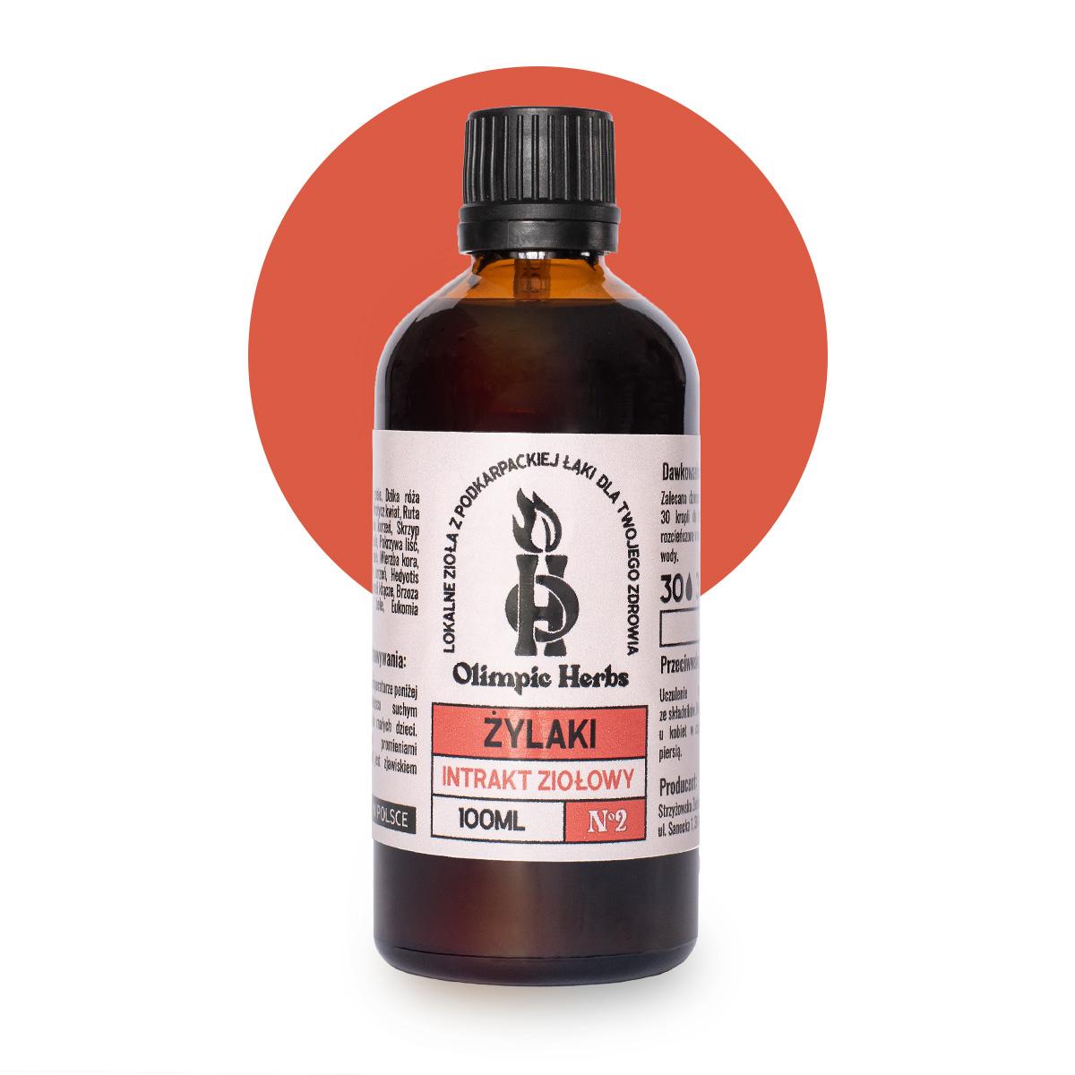Olimpic-Herbs intrakt ziołowy żylaki z kolorem zdjęcie na białym tle produktu przedstawiające brązową butelkę z kroplami ziołowymi (Intrakt ziołowy) na etykiecie znajdują się czerwone elementy oznaczające serię ziół na ŻYLAKI Olimpic Herbs
