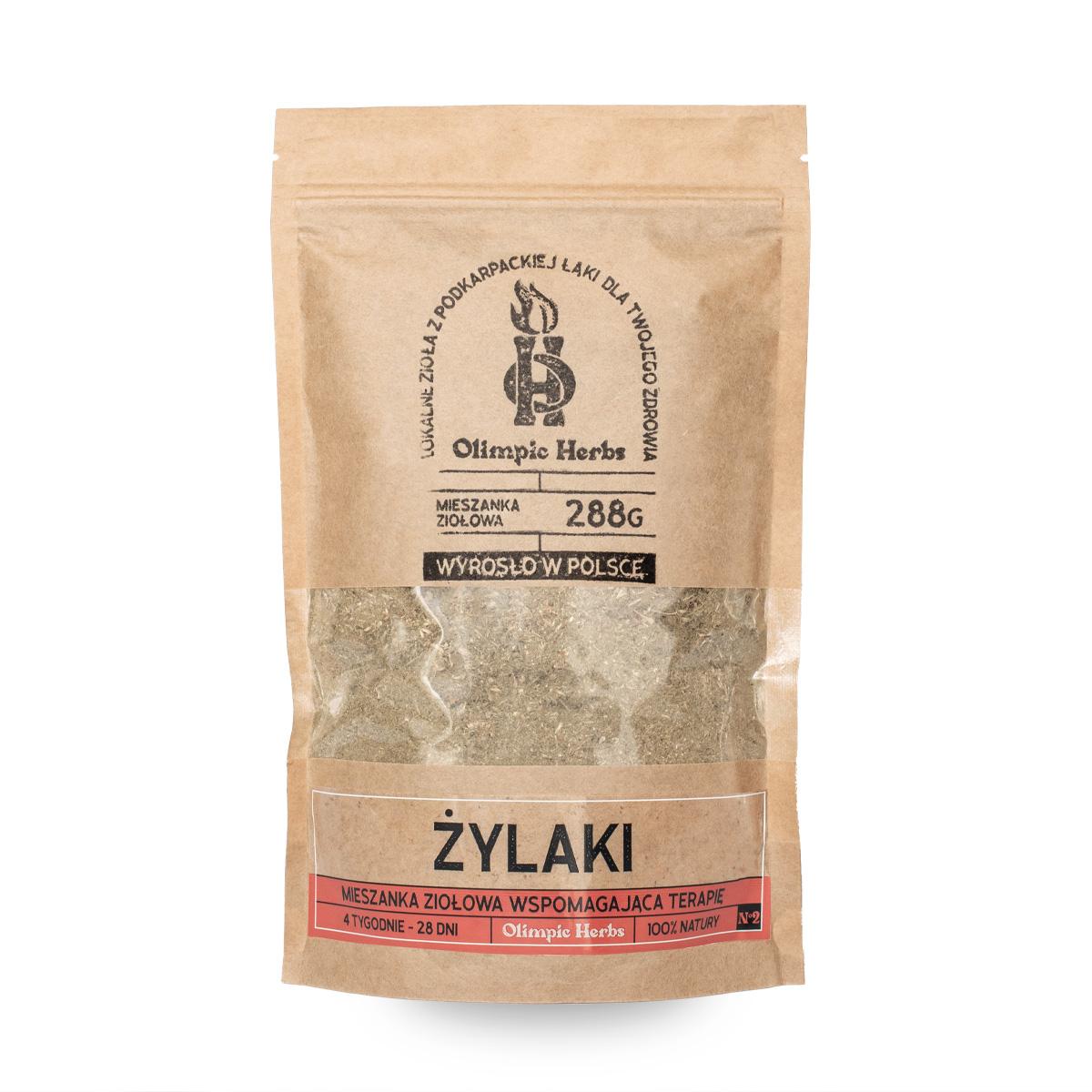 Olimpic-Herbs mieszanka ziołowa żylaki zdjęcie na białym tle produktu przedstawiające brązowe opakowanie z papieru ekologicznego z ziołami wewnątrz (Mieszanka ziołowa) Zioła na żylaki na etykiecie znajdują się czerwone elementy oznaczające serię ziół na ŻYLAKI Olimpic Herbs