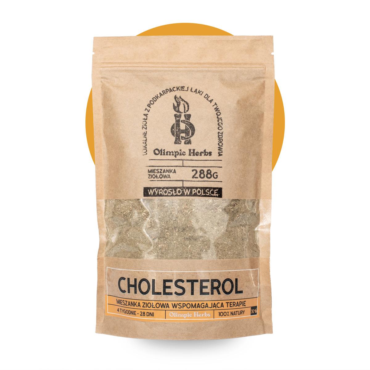 Olimpic-Herbs mieszanka ziołowa cholesterol z kolorem zdjęcie na białym tle produktu przedstawiające brązowe opakowanie z papieru ekologicznego z ziołami wewnątrz (Mieszanka ziołowa) na etykiecie znajdują się pomarańczowe elementy oznaczające serię ziół na CHOLESTEROL Olimpic Herbs wspomagające obniżenie cholesterolu