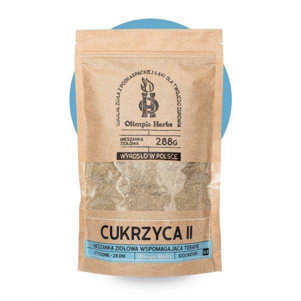 zdjęcie na białym tle produktu przedstawiające brązowe opakowanie z papieru ekologicznego z ziołami wewnątrz (Mieszanka ziołowa) na etykiecie znajdują się niebieskie elementy oznaczające serię ziół na CUKRZYCĘ Olimpic Herbs wspomagające na cukrzyca typu 2