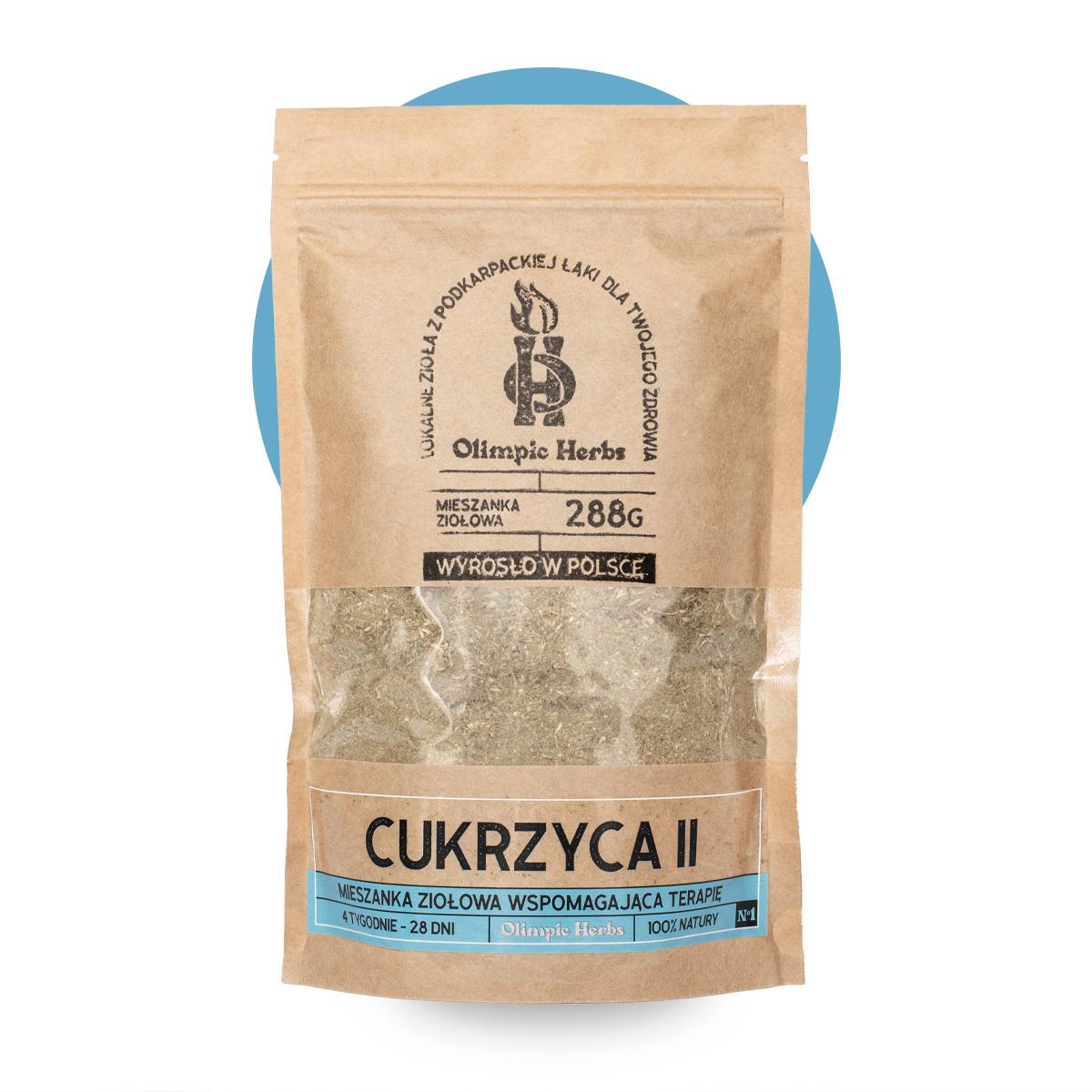 Olimpic-Herbs mieszanka ziołowa cukrzyca z kolorem zdjęcie na białym tle produktu przedstawiające brązowe opakowanie z papieru ekologicznego z ziołami wewnątrz (Mieszanka ziołowa) na etykiecie znajdują się niebieskie elementy oznaczające serię ziół na CUKRZYCĘ Olimpic Herbs wspomagające na cukrzyca typu 2