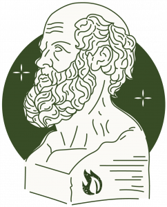 grafika przedstawiająca podobiznę Hipokratesa, a za nim zielone koło.