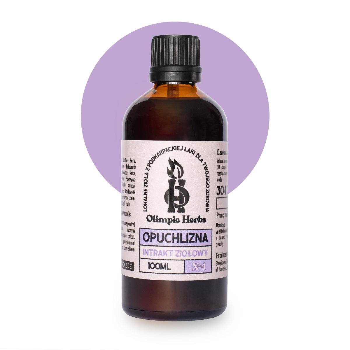 Olimpic-Herbs intrakt ziołowy opuchlizna z kolorem zdjęcie na białym tle produktu przedstawiające brązową butelkę z kroplami ziołowymi (Intrakt ziołowy) na etykiecie znajdują się fioletowe elementy oznaczające serię ziół na OPUCHLIZNĘ Olimpic Herbs