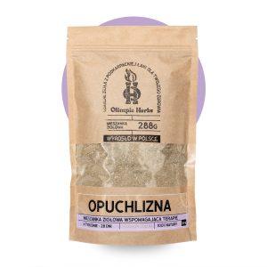 zdjęcie na białym tle produktu przedstawiające brązowe opakowanie z papieru ekologicznego z ziołami na opuchnięte kostki wewnątrz (Mieszanka ziołowa) na etykiecie znajdują się fioletowe elementy oznaczające serię ziół na OPUCHLIZNĘ Olimpic Herbs
