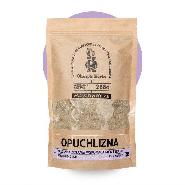zdjęcie na białym tle produktu przedstawiające brązowe opakowanie z papieru ekologicznego z ziołami na opuchnięte kostki wewnątrz (Mieszanka ziołowa) na etykiecie znajdują się fioletowe elementy oznaczające serię ziół na OPUCHLIZNĘ Olimpic Herbs