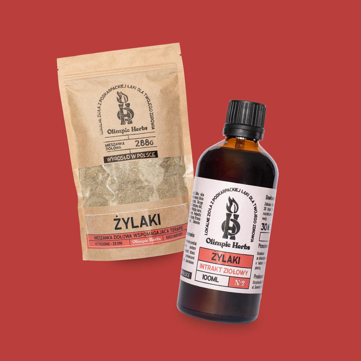 Zestaw intrakt(buteleczka) plus mieszanka(torebka) ziołowa na żylaki znajdujący się na czerwonym tle.