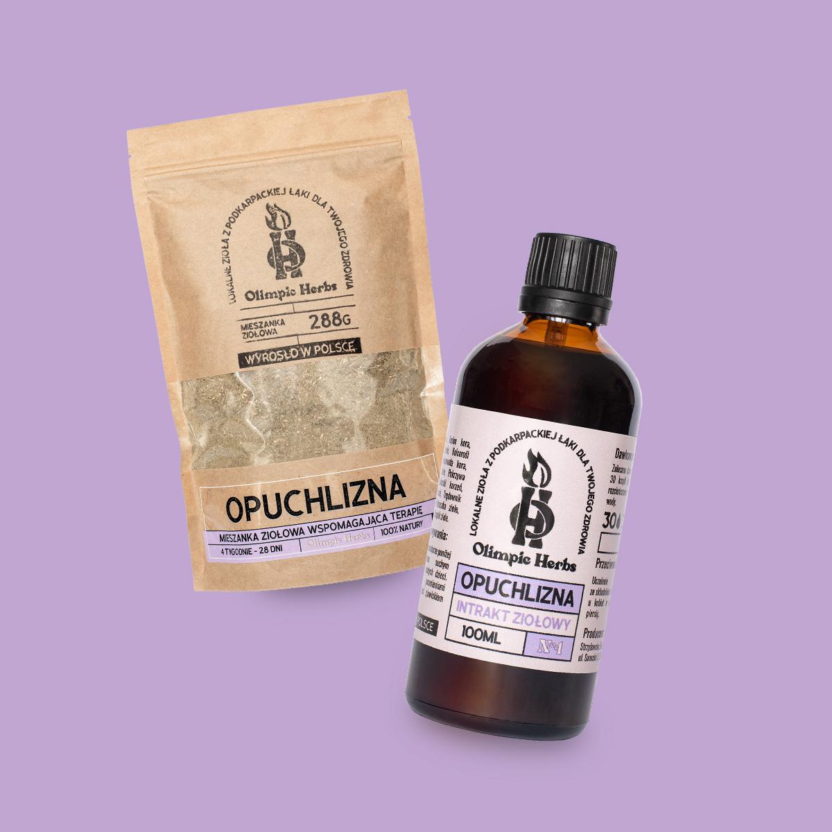 Zestaw intrakt(buteleczka) plus mieszanka(torebka) ziołowa na opuchliznę znajdujący się na fioletowym tle.