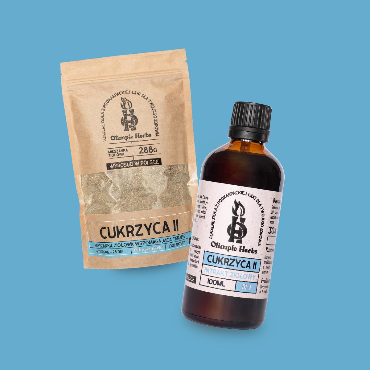 Zestaw intrakt(buteleczka) plus mieszanka(torebka) ziołowa na cukrzycę typu 2 znajdujący się na niebieskim tle.