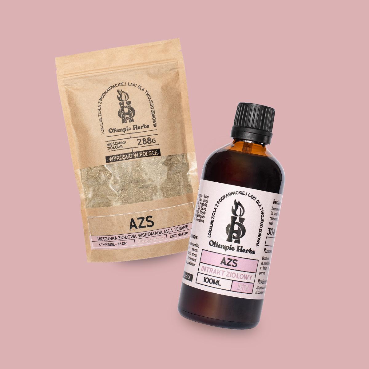 Zestaw intrakt(buteleczka) plus mieszanka(torebka) ziołowa na azs znajdujący się na różowym tle.