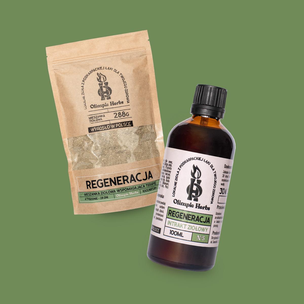 Zestaw intrakt(buteleczka) plus mieszanka(torebka) ziołowa na regenerację znajdujący się na zielonym tle.