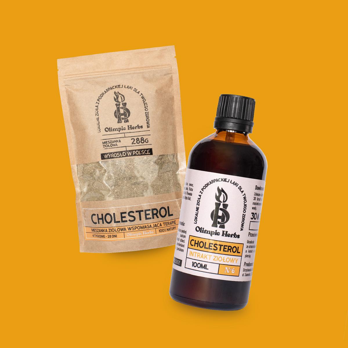 Zestaw intrakt(buteleczka) plus mieszanka(torebka) ziołowa na cholesterol znajdujący się na żółtym tle.