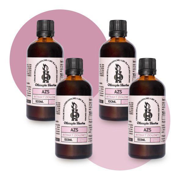 zdjęcie produktów na białym tle przedstawiające brązowe butelki z kroplami ziołowymi (Intrakt ziołowy) na etykiecie znajdują się różowe elementy oznaczające serię ziół na AZS Olimpic Herbs