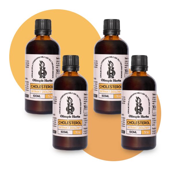 zdjęcie produktów na białym tle przedstawiające brązowe butelki z kroplami ziołowymi (Intrakt ziołowy) na etykiecie znajdują się pomarańczowe elementy oznaczające serię ziół na CHOLESTEROL Olimpic Herbs