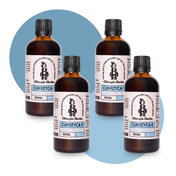 zdjęcie produktów na białym tle przedstawiające brązowe butelki z kroplami ziołowymi (Intrakt ziołowy) na etykiecie znajdują się niebieskie elementy oznaczające serię ziół na CUKRZYCĘ 2 Olimpic Herbs
