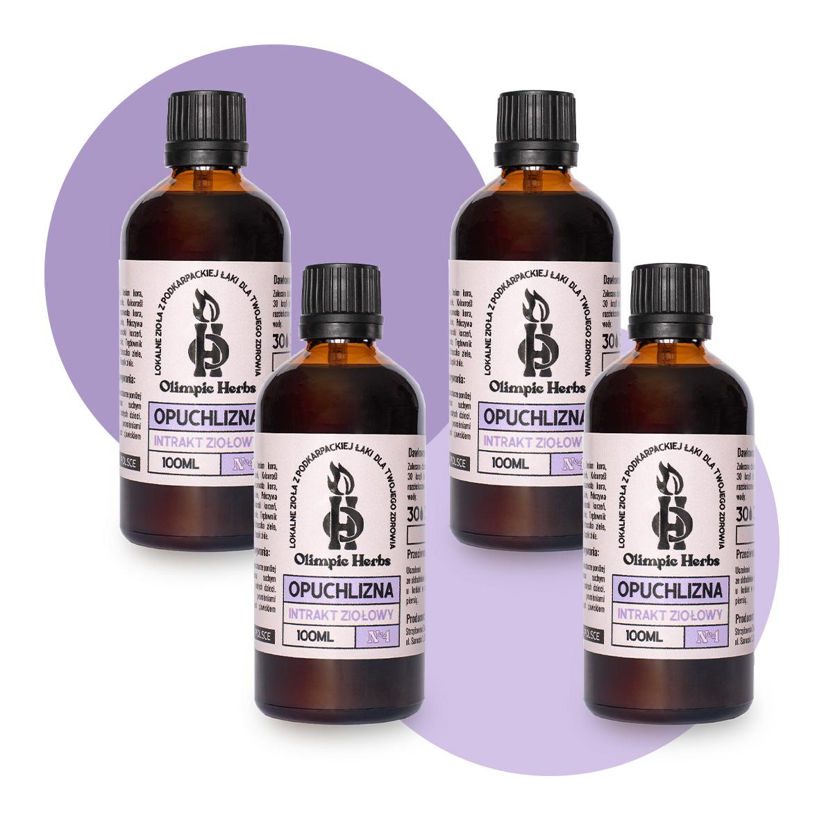 zestaw pełna kuracja krople ziołowe na opuchliznę zdjęcie produktów na białym tle przedstawiające brązowe butelki z kroplami ziołowymi (Intrakt ziołowy) na etykiecie znajdują się fioletowe elementy oznaczające serię ziół na OPUCHLIZNĘ Olimpic Herbs