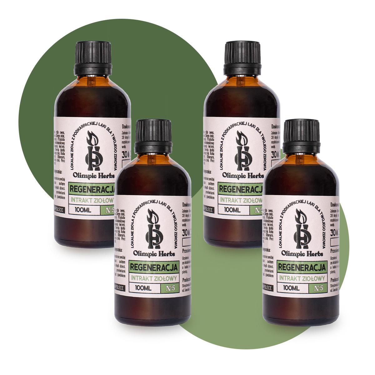 zestaw pełna kuracja krople ziołowe na regenerację zdjęcie produktów na białym tle przedstawiające brązowe butelki z kroplami ziołowymi (Intrakt ziołowy) na etykiecie znajdują się zielone elementy oznaczające serię ziół na REGENREACJĘ Olimpic Herbs