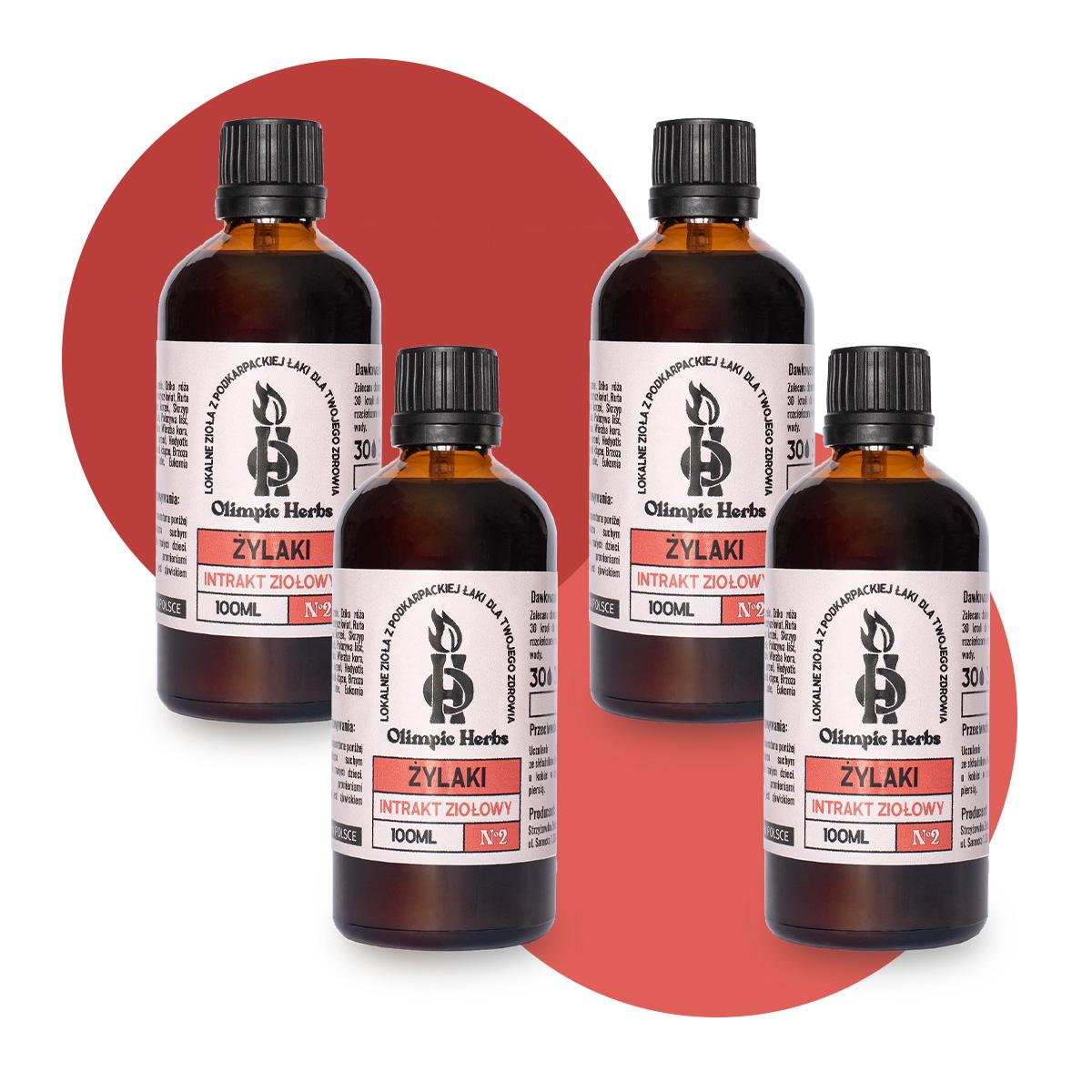 zestaw pełna kuracja krople ziołowe na żylaki zdjęcie produktów na białym tle przedstawiające brązowe butelki z kroplami ziołowymi (Intrakt ziołowy) na etykiecie znajdują się czerwone elementy oznaczające serię ziół na ŻYLAKI Olimpic Herbs