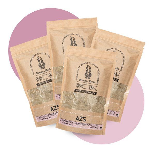 zdjęcie produktów na białym tle przedstawiające brązowe opakowania z papieru ekologicznego z ziołami wewnątrz (Mieszanka ziołowa) na etykiecie znajdują się różowe elementy oznaczające serię ziół na AZS Olimpic Herbs