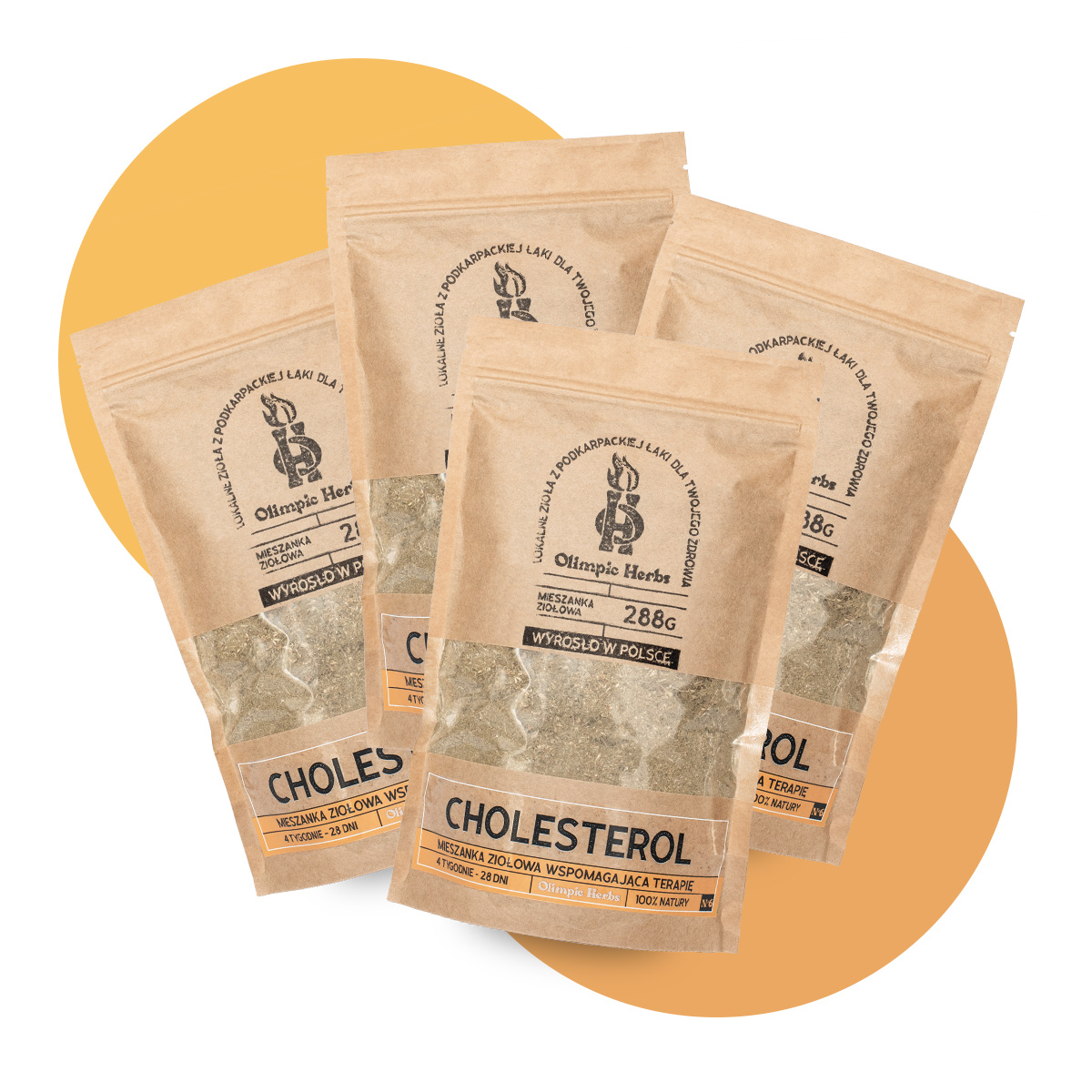 zestaw pełna kuracja zioła na cholesterol zdjęcie produktów na białym tle przedstawiające brązowe opakowania z papieru ekologicznego z ziołami wewnątrz (Mieszanka ziołowa) na etykiecie znajdują się pomarańczowe elementy oznaczające serię ziół na CHOLESTEROL Olimpic Herbs