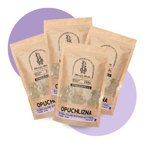 zdjęcie produktów na białym tle przedstawiające brązowe opakowania z papieru ekologicznego z ziołami wewnątrz (Mieszanka ziołowa) na etykiecie znajdują się fioletowe elementy oznaczające serię ziół na OPUCHLIZNĘ Olimpic Herbs