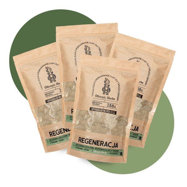 zdjęcie produktów na białym tle przedstawiające brązowe opakowania z papieru ekologicznego z ziołami wewnątrz (Mieszanka ziołowa) na etykiecie znajdują się zielone elementy oznaczające serię ziół na REGENERACJĘ Olimpic Herbs