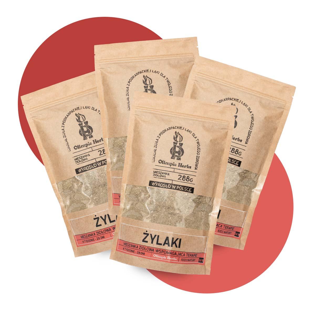 zestaw pełna kuracja zioła na żylkaki zdjęcie produktów na białym tle przedstawiające brązowe opakowania z papieru ekologicznego z ziołami wewnątrz (Mieszanka ziołowa) na etykiecie znajdują się czerwone elementy oznaczające serię ziół na ŻYLAKI Olimpic Herbs