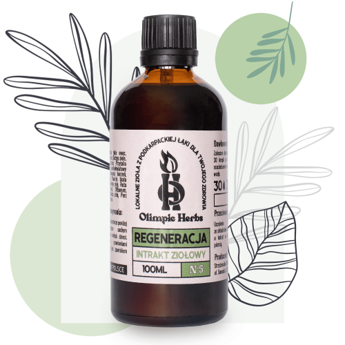 Obraz przedstawiający ciemną szklaną butelkę z brązową etykietą i zielonymi akcentami, zawierającą krople ziołowe pomagające przy opuchliźnie. W tle obrazu znajdują się liście i zielone koła.